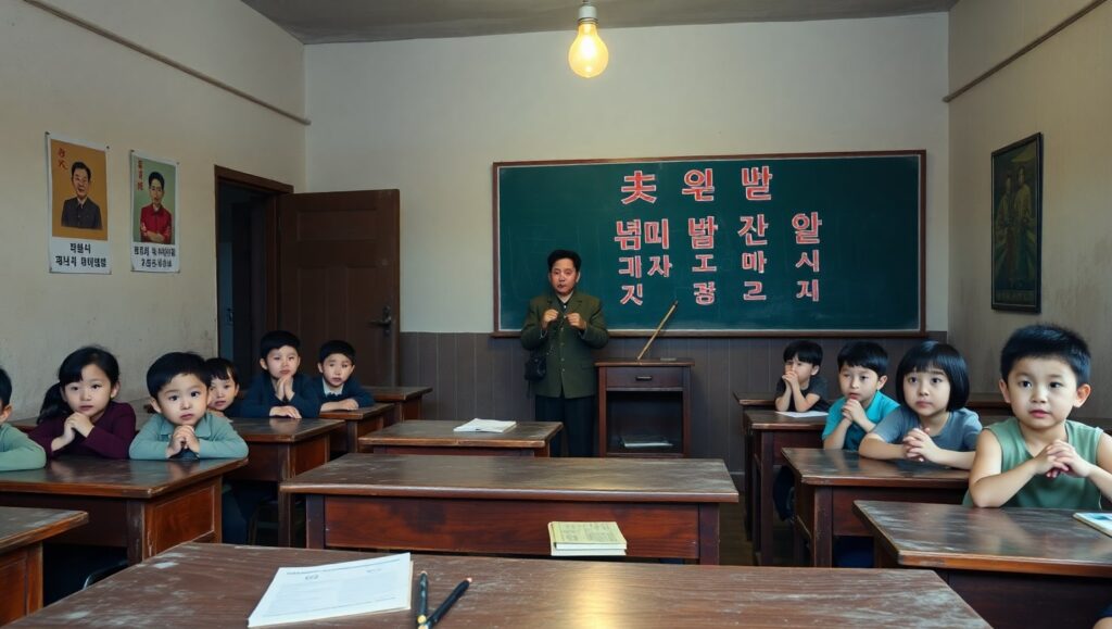 A poorly equipped North Korean classroom with propaganda slogans.