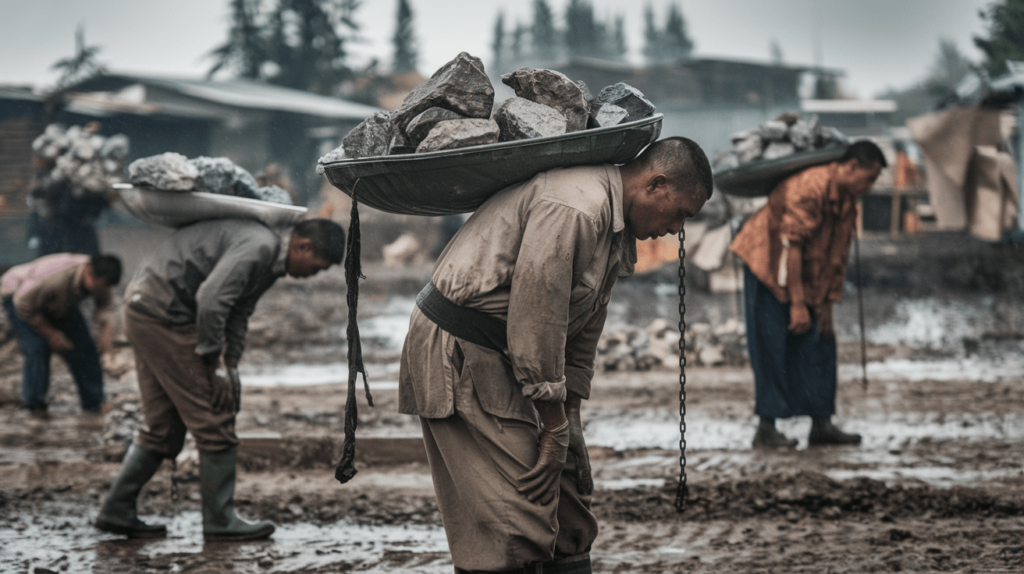 Laborers in harsh conditions under guard supervision in North Korea.