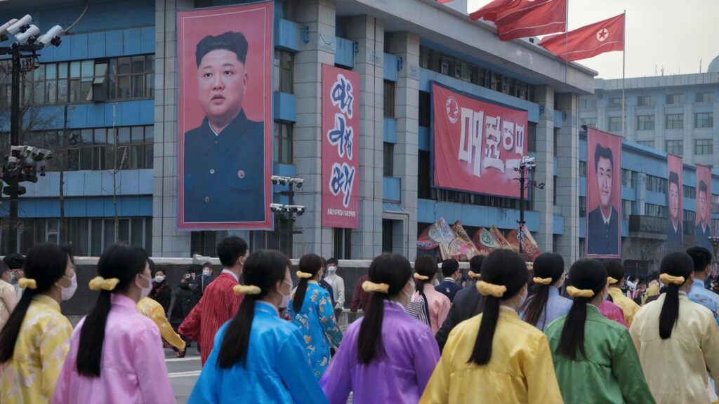 North Korean citizens walking under surveillance cameras and propaganda banners.