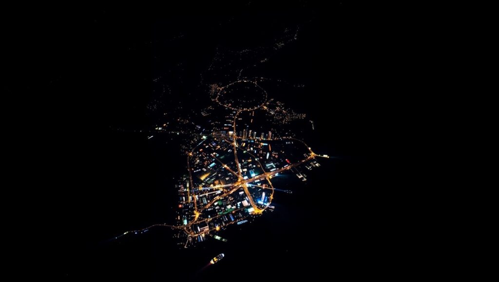 Satellite view showing North Korea in darkness compared to South Korea's lights.