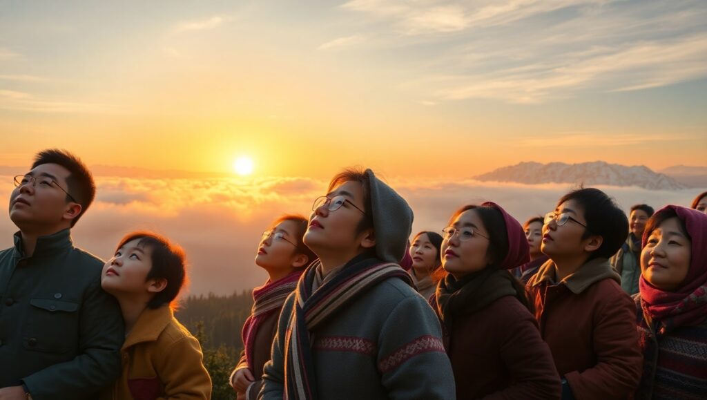 North Koreans gazing at the sunrise over mountains.